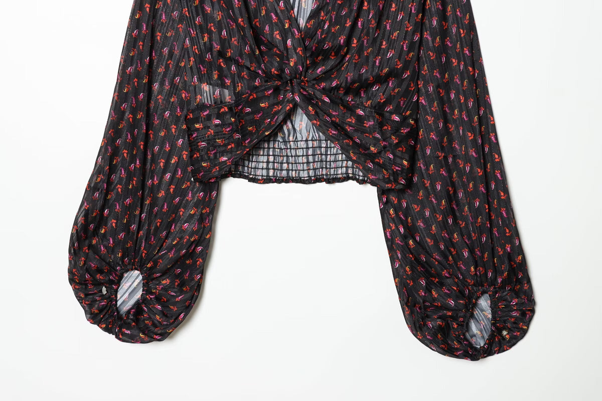 Women's knot decoration V-neck printed top