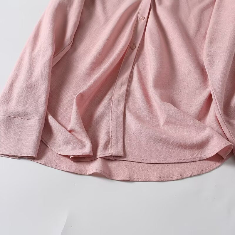 Women's long sleeved linen blended V-neck shirt
