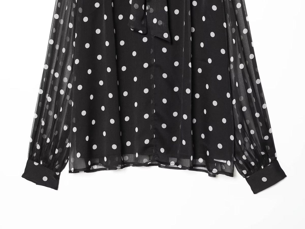 Women's ribbon collar polka dot shirt