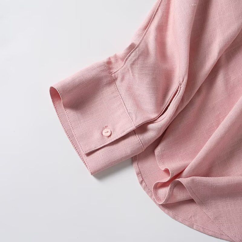 Women's long sleeved linen blended V-neck shirt