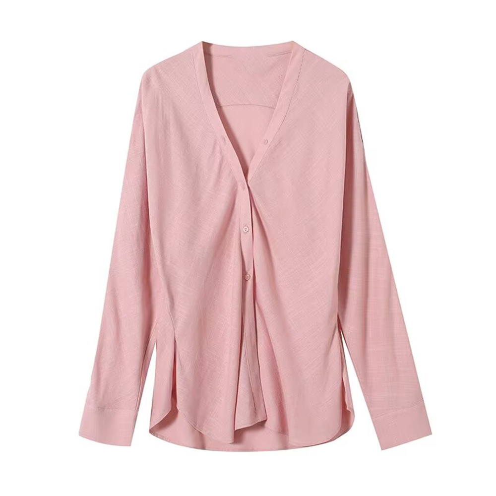 Women's long sleeved linen blended V-neck shirt