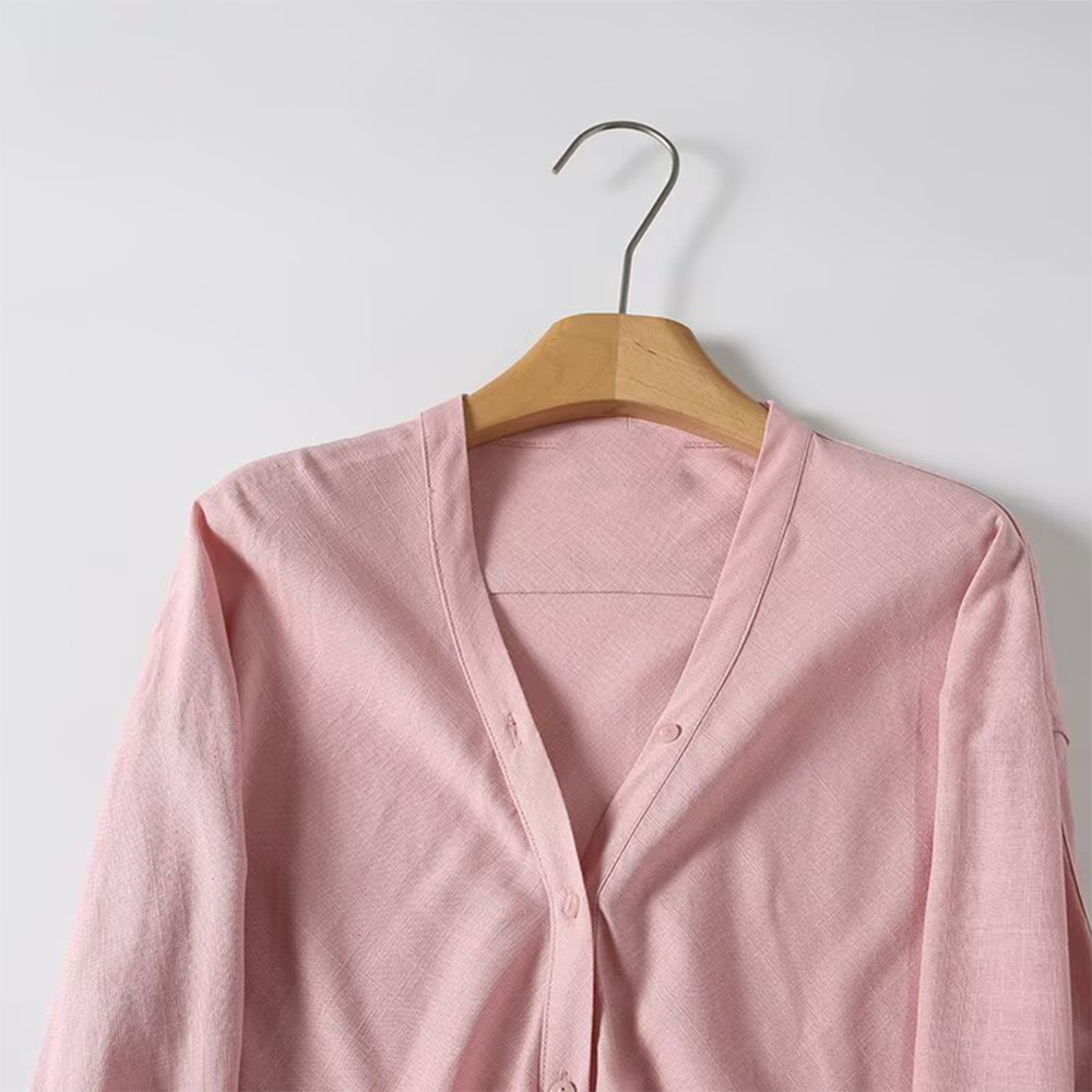 Women's long sleeved linen blended V-neck shirt