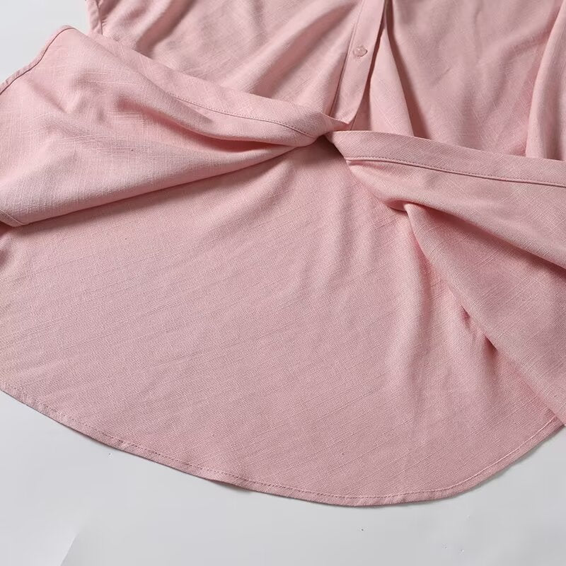 Women's long sleeved linen blended V-neck shirt