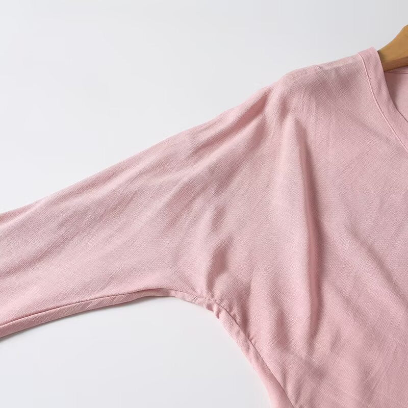 Women's long sleeved linen blended V-neck shirt