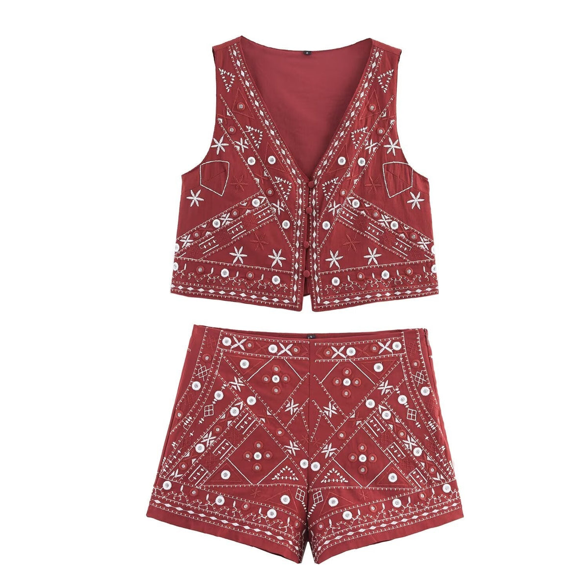 suit Women's 2 pieces mirror effect decorative embroidered vest+shorts